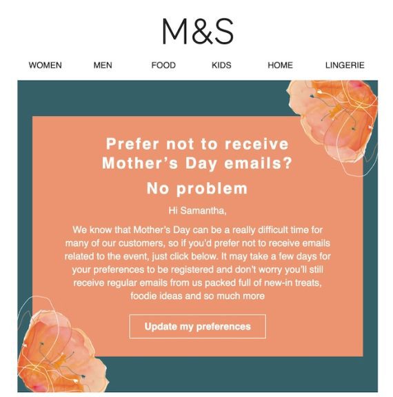 Marks & Spencer dedicated email reading, "Prefer not to receive Mother's Day emails? No problem."