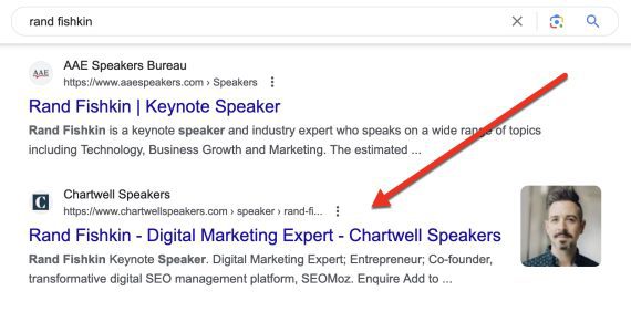 Screeenshot of search results for "Rand Fishkin" showing pages on speaker bureau sites.