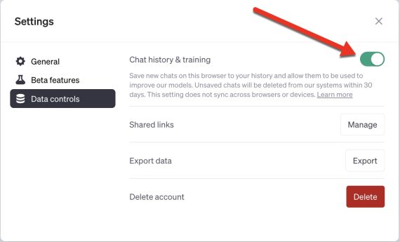 ChatGPT "Settings" page showing the option for “Chat history & training.”