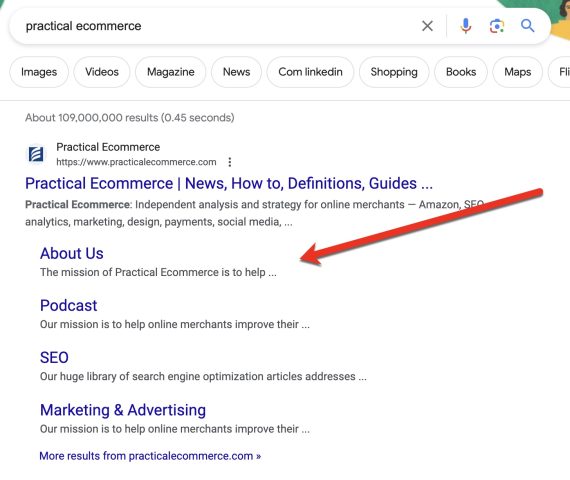 Search for "practical ecommerce" showing expanded site links