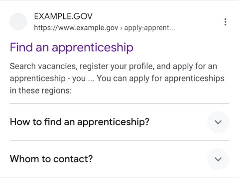 Screenshot of hypothetical FAQ rich snippet for "find an apprenticeship."