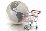 Illustration of a physical shopping cart next to a globe