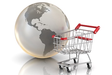 Illustration of a physical shopping cart next to a globe