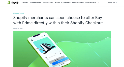 Web page on Shopify announcing Buy with Prime collaboration