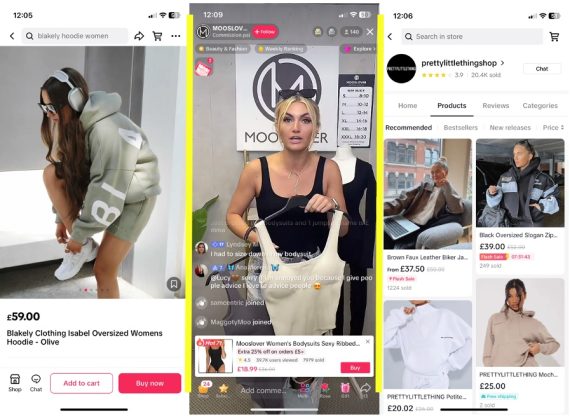 Screenshots of three TikTok shopping experiences: a product page, a live stream, and a branded store page.