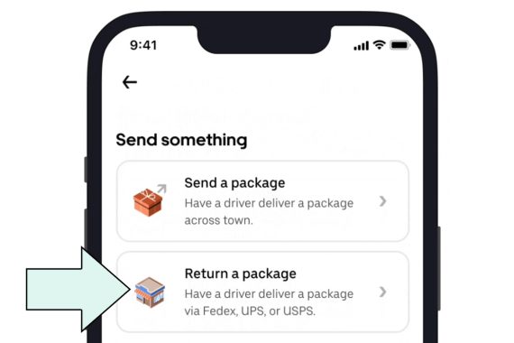 Screenshot of Uber's app on a smartphone showing the "Return a package" option.