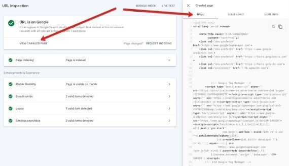 Screenshot of URL inspection tool page for "Viewed crawled text." Screenshot of URL inspection tool page for "Viewed crawled text."