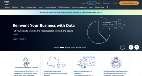 Home page of AWS