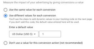Screenshot of Google Ads' admin for assigning conversion values.