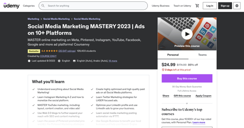 Home page of Udemy's "Social Media Marketing Mastery 2023"