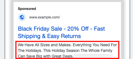 Body copy text in a Black Friday ad reading: "We have all sizes and makes. Everything you need for the holidays. This holiday season the whole family can save big with great deals."