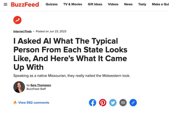 Screenshot of a BuzzFeed title, "I Asked AI What The Typical Person From Each State Looks Like, And Here's What It Came Up With."
