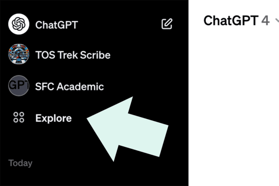 Screenshot of the ChatGPT menu showing the Expore tab.