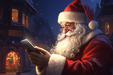 AI generated image of Santa holding a smartphone