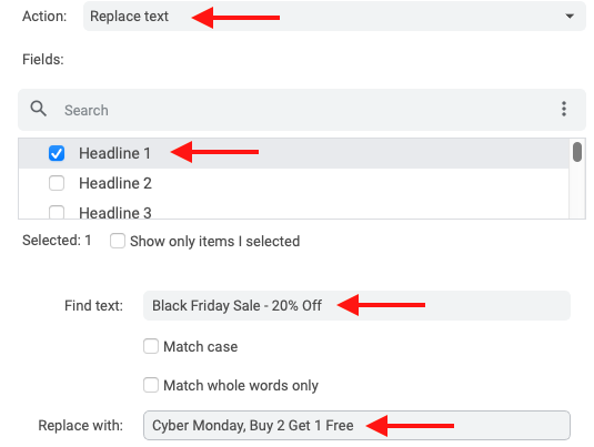 Screenshot of Google Ads Editor "Replace text" feature