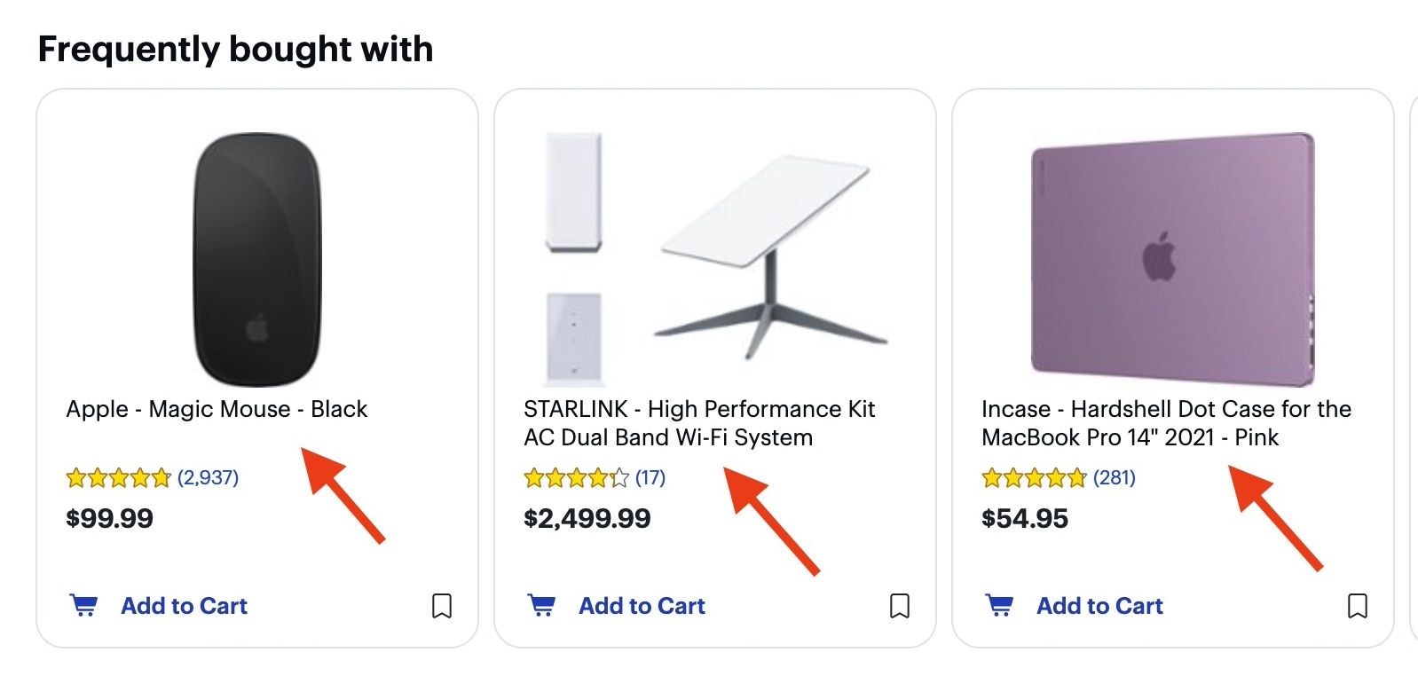 Screenshot from BestBuy.com of "Frequently bought with" items on a MacBook Pro product detail page.