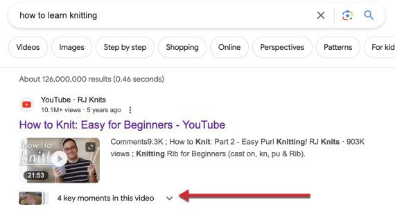 Screenshot of "key moments" for "how to learn knitting"
