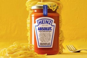 Photo of a Heinz catchup bottle in front of pasta