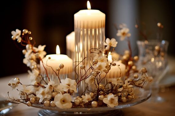 Photo of an elegant candle surrounded by flowers