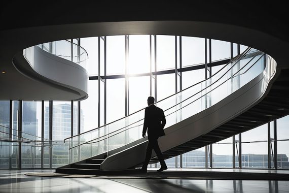 Photo of a male next to stairs in an office setting