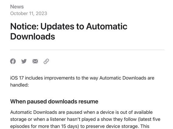 Screenshot of Apple's blog post announging the iOS 17 download change.