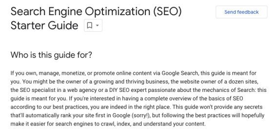 Web page for "Search Engine Optimization Starter Guide" from Google