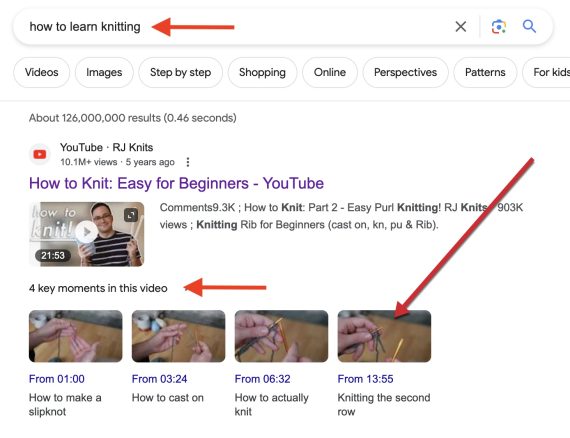 Screenshot showing the four "key moments" for the search "how to learn knitting"