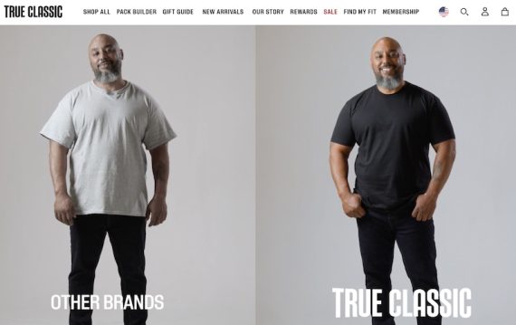 True Classic's home page showing a male wearing a t-shirt