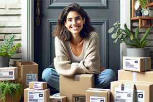 Smiling female in front of many delivery boxes