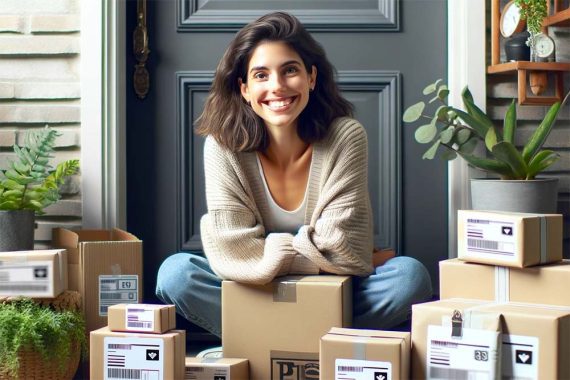 Smiling female shopper with many delivery boxes.