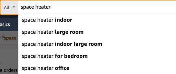 Screenshot of Amazon autocomplete drop-down for "space heater"