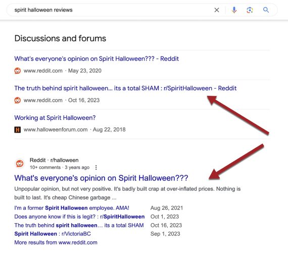 SERPs for "spirit halloween reviews" showing Reddit listings