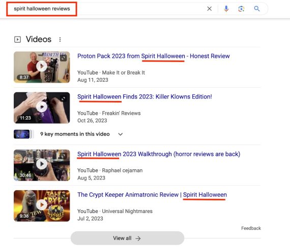 SERPs for "spirt halloween reviews" showing video listings