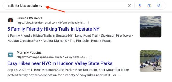 Screenshot of search results for "trails for kids upstate ny"