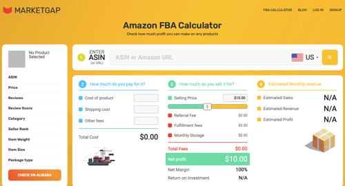 Web page for MarketGap's Amazon FBA Calculator