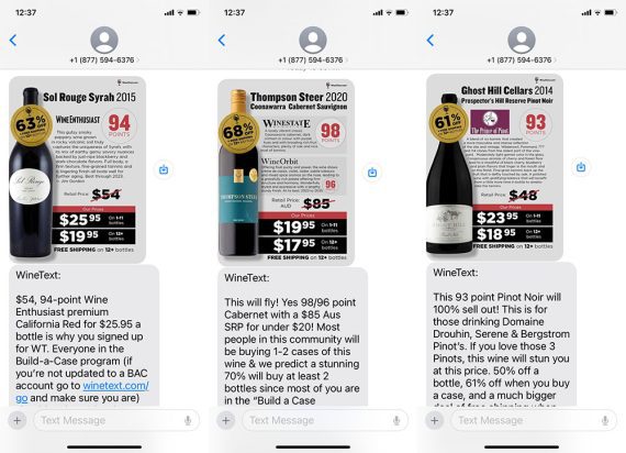 Screenshot of three sample messages from Wine Text.