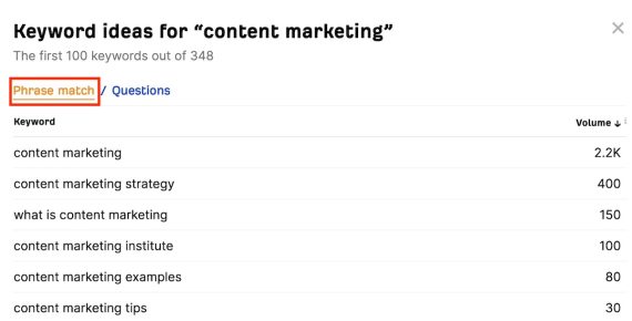 Screenshot from Ahrefs show the YouTube keyword ideas for "content marketing"