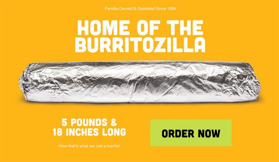 Screenshot of a promotion for the Burritozilla from the Iguanas restaurant in San Jose, Calf.
