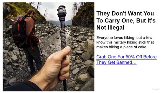 Screenshot of an ad in an email newsletter for a military style walking stick.