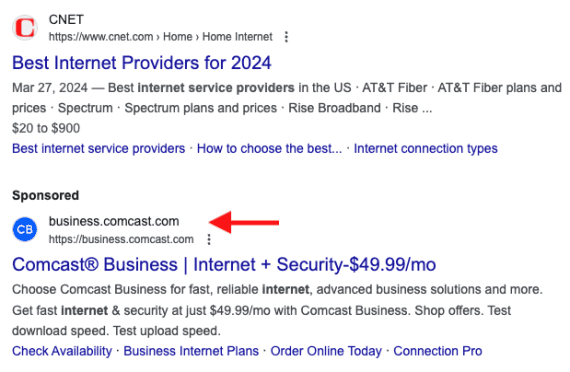 Screenshot of Comcast ad below search results.