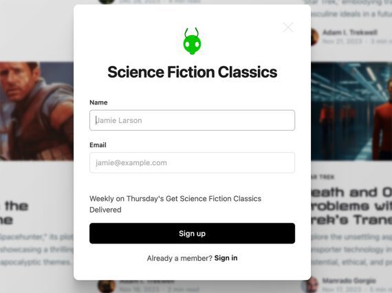 Newsletter signup form for Science Fiction Classics.