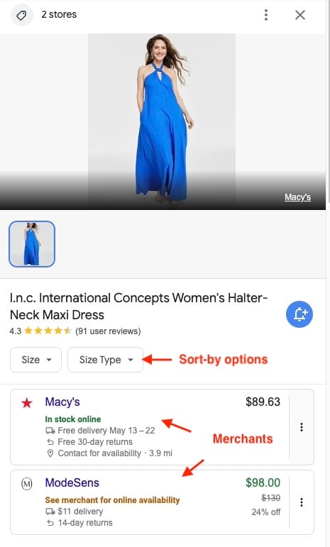 Screenshot of a shopping knowledge panel Screenshot of a shopping knowledge panel