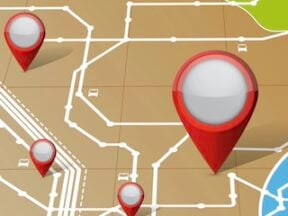 Illustration of a map with red store locator buttons on it