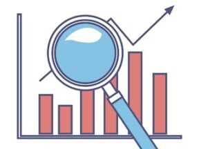 Illustration of a rising column chart with a magnifying glass on top
