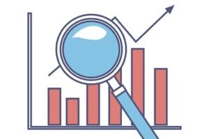 Illustration of a rising column chart with a magnifying glass on top
