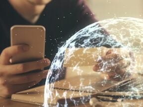 Illustration of a person holding a smartphone next to a globe
