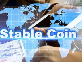 Illustration of a flat world map with the words "stable coin" next to dollar bills.