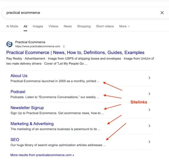 Screenshot of Google sitelinks for Practical Ecommerce