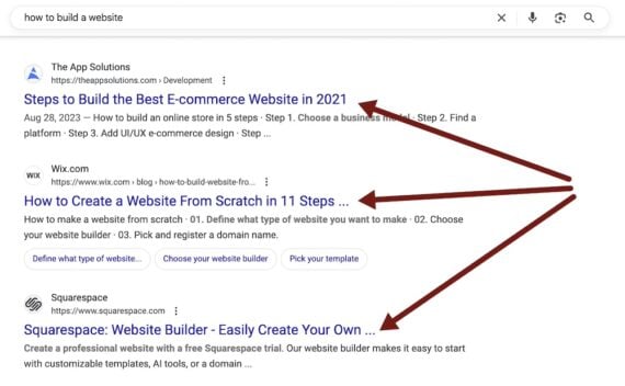 Sample SERP titles for "how to build a website" Sample SERP titles for "how to build a website"