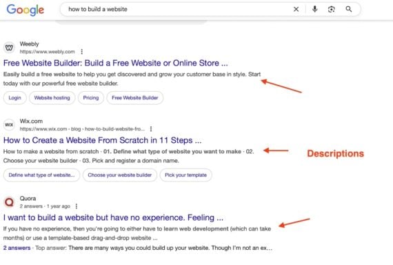 Screenshot for SERP listing descriptions for "how to build a website"